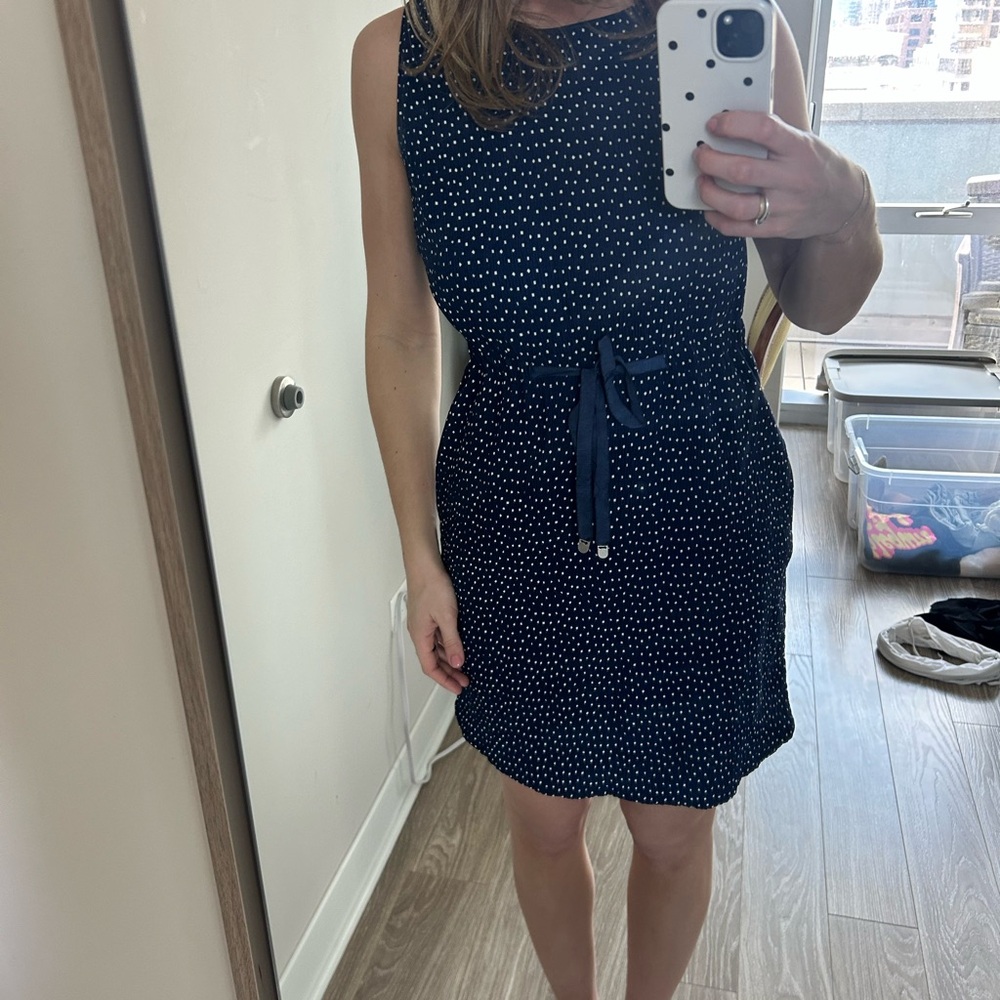 Sleeveless Navy Polka Dot Tie-Waist Mini Dress